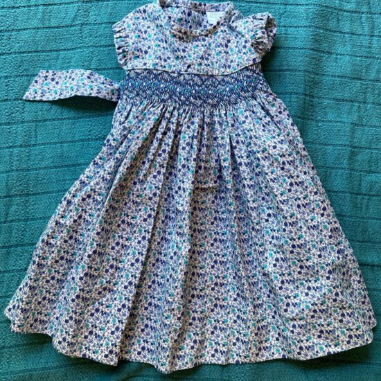 Edgehill Collection Blue Floral Print Embroidered Smocked Cotton Dress ~ 9 mo