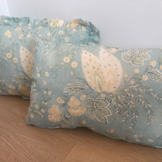 Suzanne Tucker ~Hatley Linen Print Pair Pillows ~ Custom-made ~ Down Fill ~ Lovely Aqua Blue & Yellow Print
