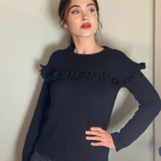 Chloe' Black Cotton Mid-weight Sweater ~ Tassels ~ Sz M ~ French Chic