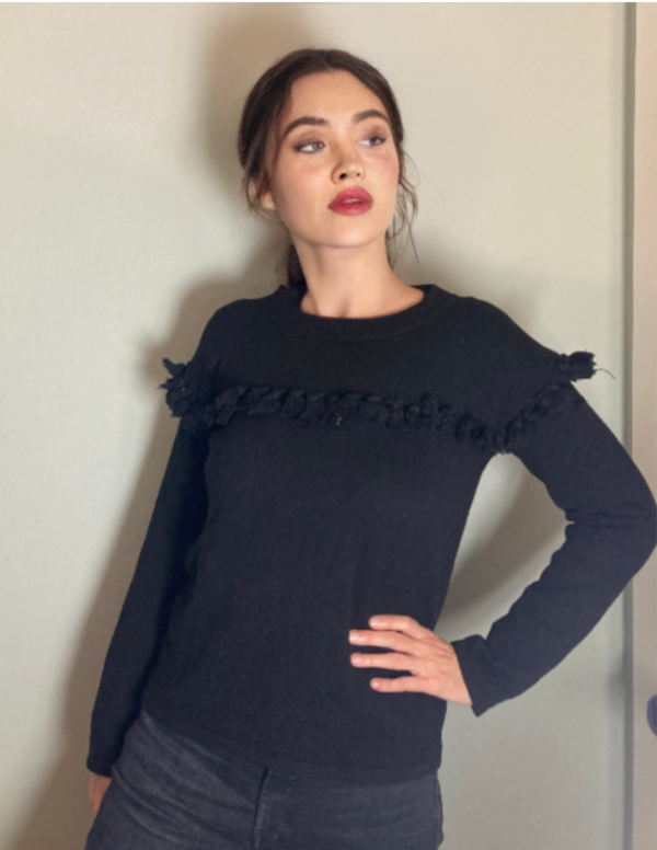 Chloe' Black Cotton Mid-weight Sweater ~ Tassels ~ Sz M ~ French Chic