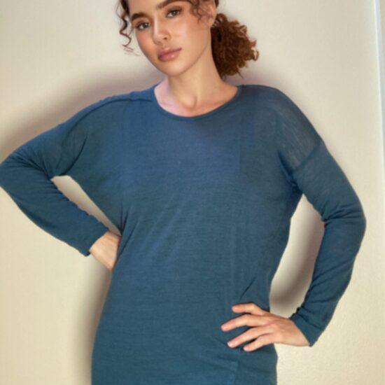Pas de Calais Teal Lightweight Long Wool Knit Sweater ~ Sz 36