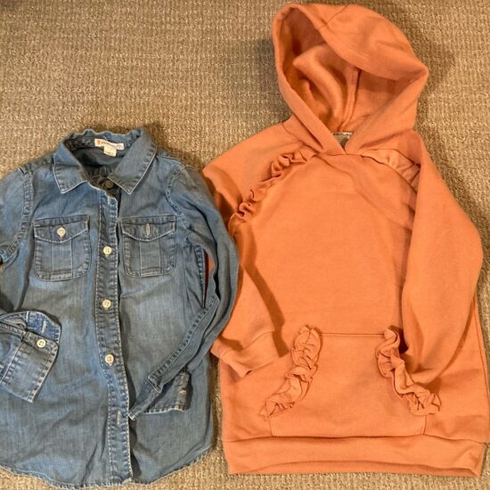 J.Crew Crewcuts Denim Shirt + Habitual Coral Hoodie Rufle Sweatshirt Lot ~ Sz 5