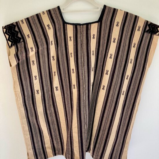 Vintage Huipil Blouse Top ~ Striped & Embroidered Neutrals Black & Tan ~ Sz S M