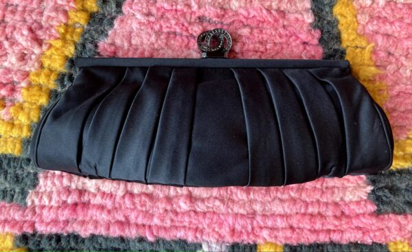 Satin Black Evening Clutch Bag ~ Santi ~ Pleated Perfection & Rhinestone Closure