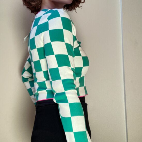 Zara Cropped Checkerboard Top Long Sleeve Green & White Pink Knit Sz M NWT
