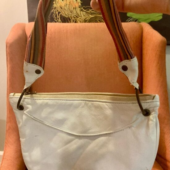 Bolsa White Leather Hobo Baguette Colorful Fabric Strap ~ HELLO LOVELY!