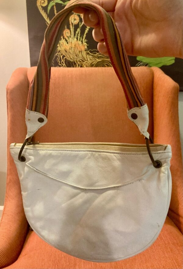 Bolsa White Leather Hobo Baguette Colorful Fabric Strap ~ HELLO LOVELY!