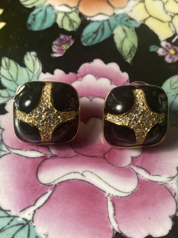Vintage Earrings Gold & Black Enamel & Diamond Cross Pattern