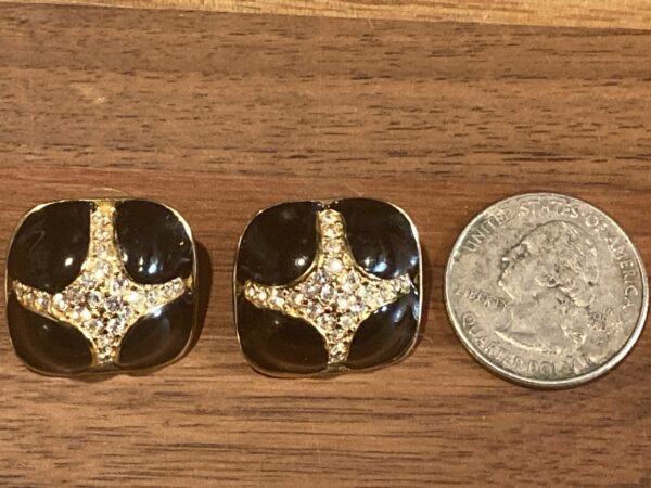 Vintage Earrings Gold & Black Enamel & Diamond Cross Pattern - Image 5