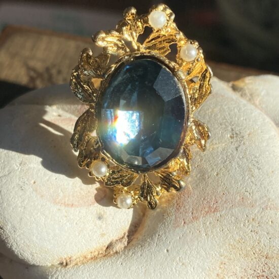 Blue Stone Vintage Costume Cocktail Ring - Gold tone ~ Size adjustable