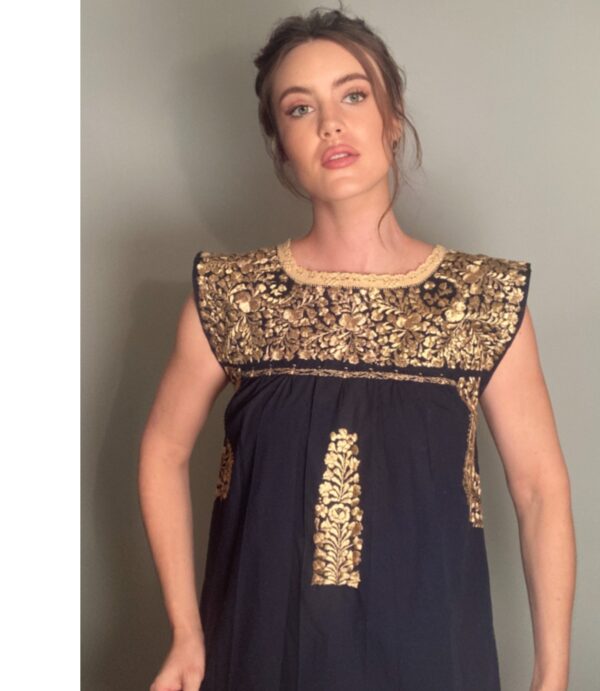Mi Golondria Medianoche Oro Seda Black & Gold Mexican Embroidered Blouse ~ Sz S