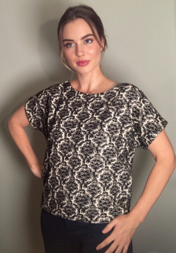 Suno Embroidered Top Cotton Black & White Damask Floral Print ~ Sz M /2 ~ Lovely