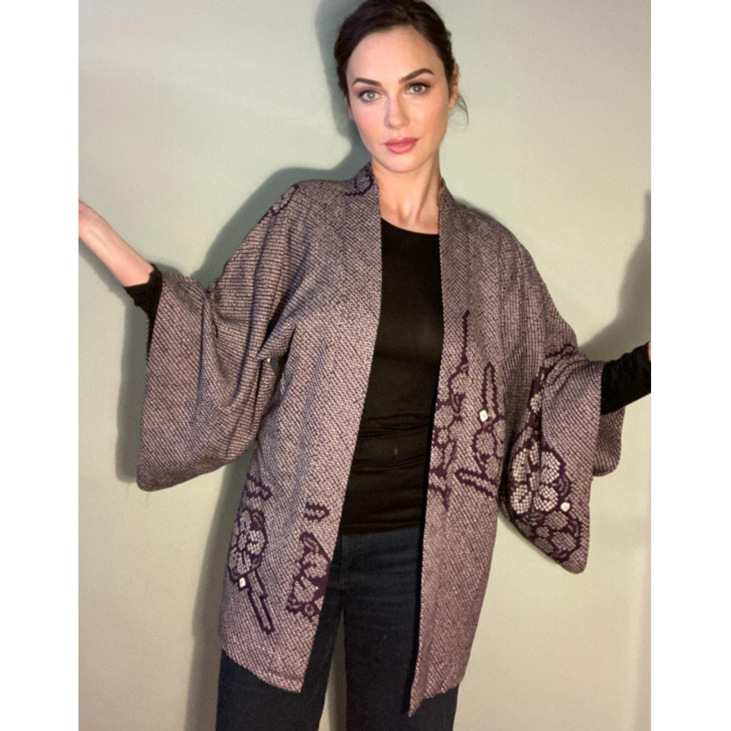 Kimono Haori Jacket Beautiful Purple Lavender Plum Flower Shibori Dyed ~ Breathtaking