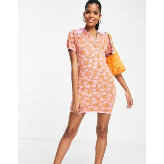ASOS Pink & Orange Flower Power Hippie Go-Go inspired Knit Dress Sz 10 US EU42