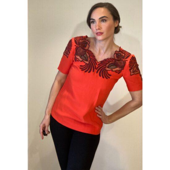 Stella McCartney Orange Purple Floral Embroidered Blouse Peek-a-boo Back ~ Sz 38