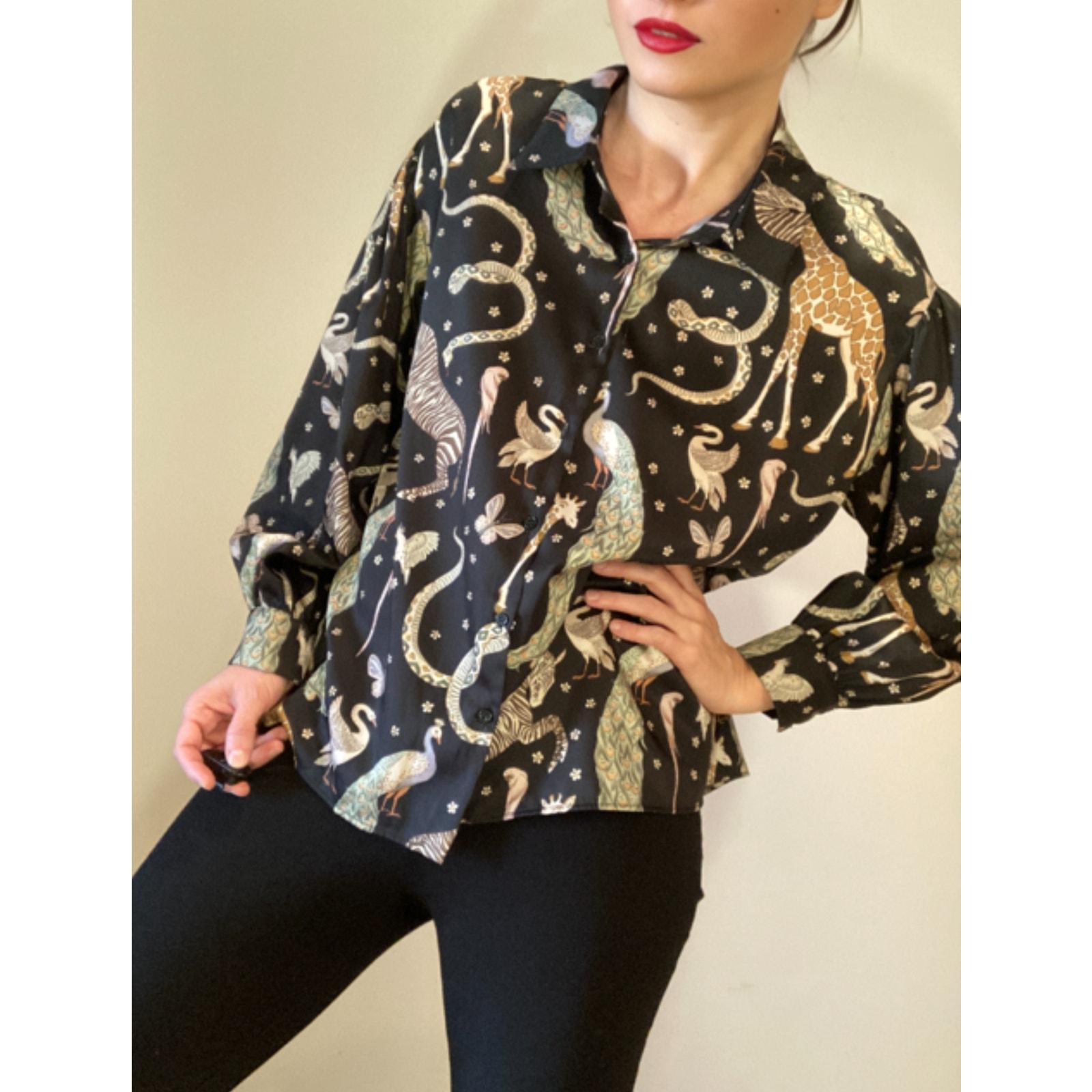 Zara Animal Print Shirt Safari Snake Zebra Peacock Puff Sleeve Button Down Sz L