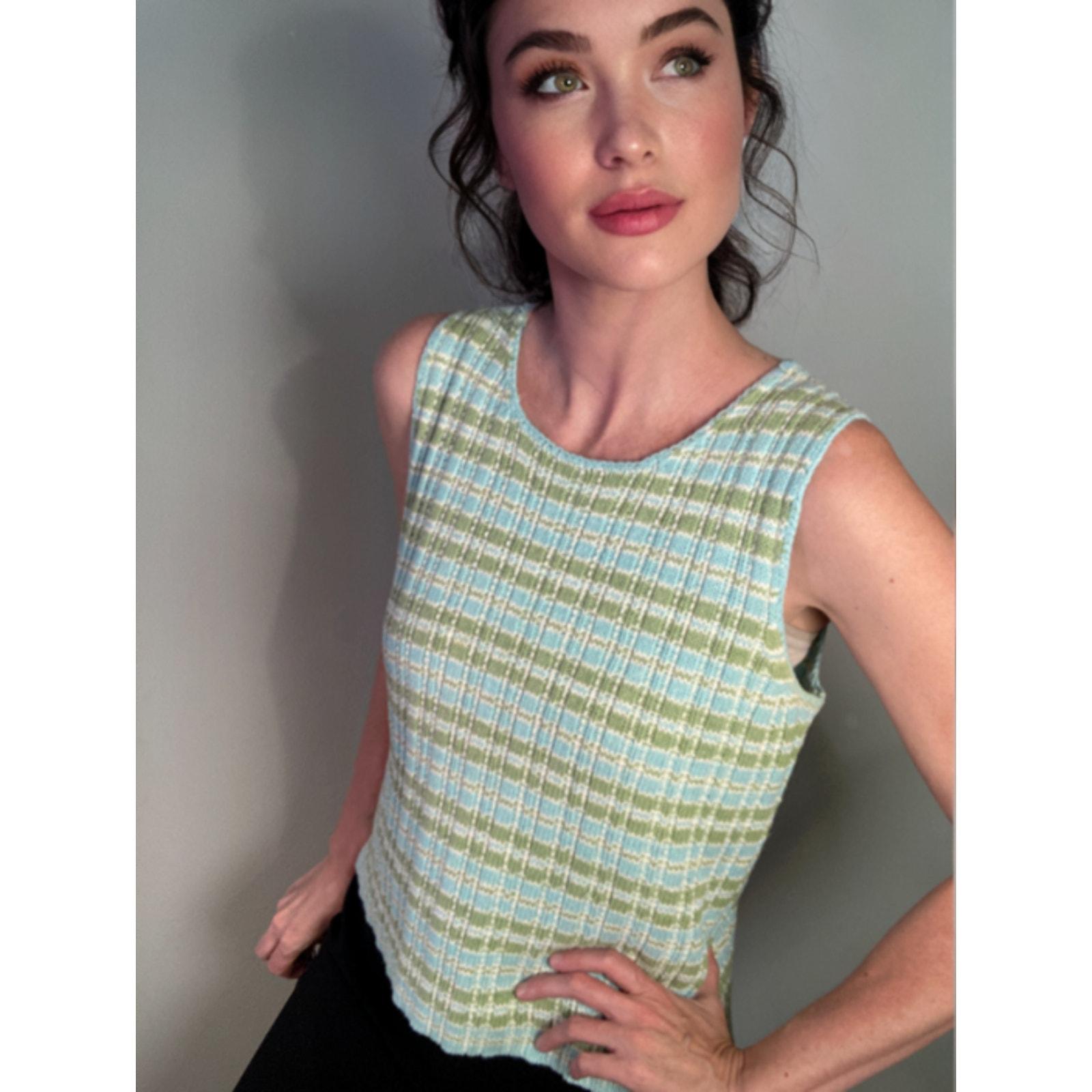 Jones New York Plaid Country Club Golf Tennis Blue Green Tank Sweater ~ Sz L
