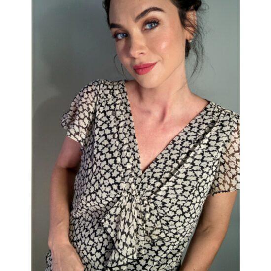 Vintage 90s Romantic Flower Frill Top Black White Floral Print ~ Sz 12 Fits M/L