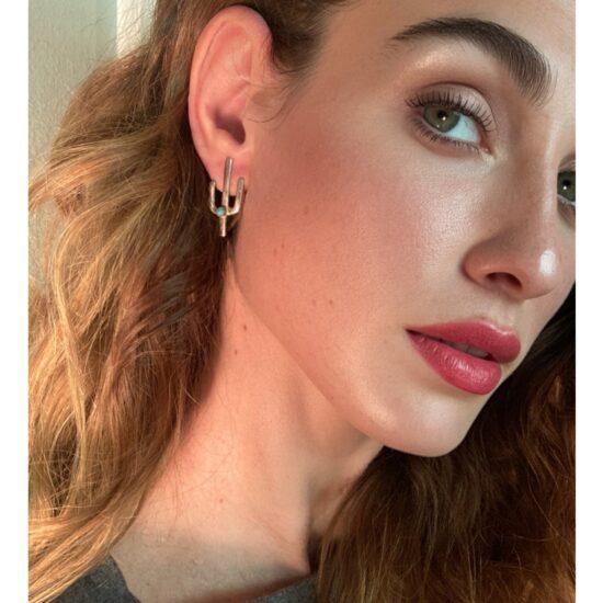 Silver & Turquoise Earrings Tiny Cactus Saguaro Pierced ~ Desert Love
