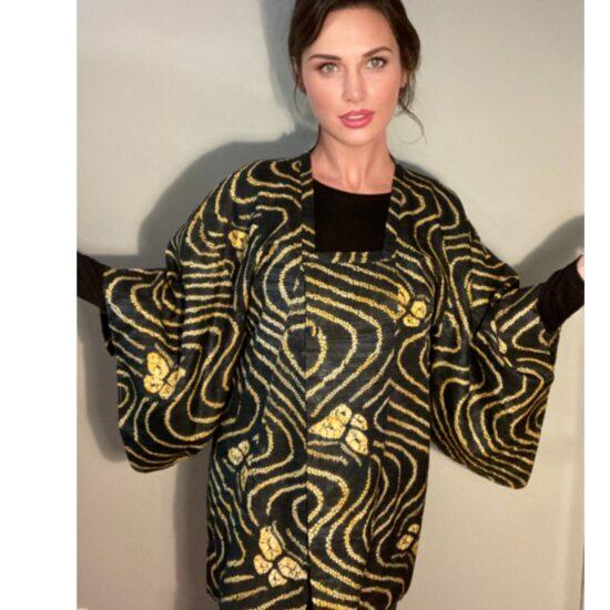 Kimono Haori Jacket Beautiful Green & Gold Butterfly Shibori Dyed ~ Breathtaking