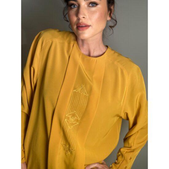 Vintage Goldenrod Embroidered Blouse Elegant Pleats Boho Susan Hutton ~ Sz L