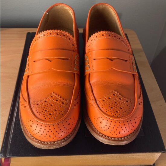 The Office of Angela Scott Orange Ms. Charlotte Leather Penny Loafers Sz 6.5 36.5
