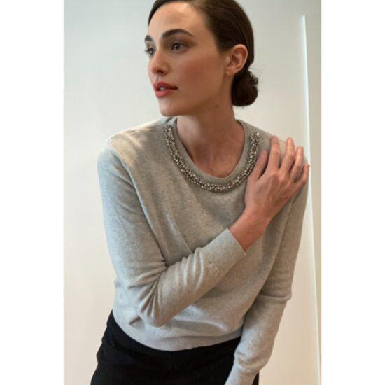 Topshop Bejeweled Neckline Gray Sweater 100% Cotton ~ Sz 8 ~ So Glam