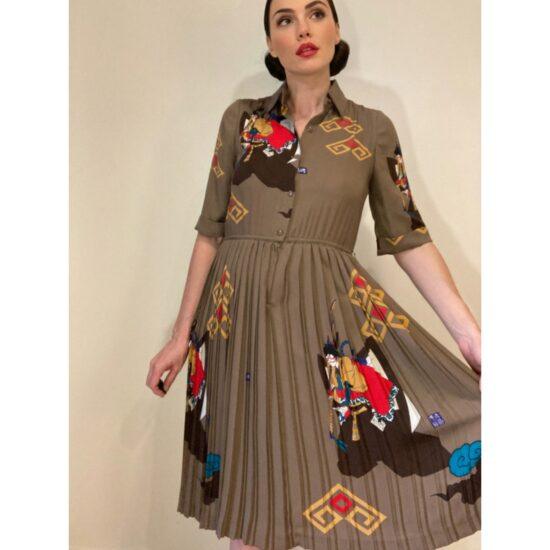 Italiya Japanese Label Midi Silk-like Pleated Dress Japanese Blockprint Sz S/M