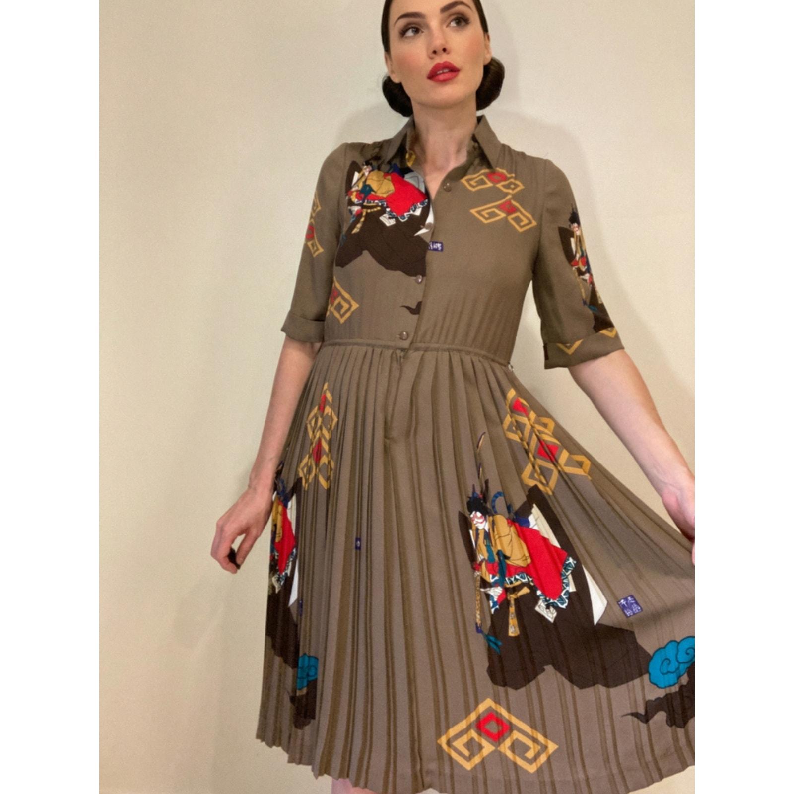 Italiya Japanese Label Midi Silk-like Pleated Dress Japanese Blockprint Sz S/M