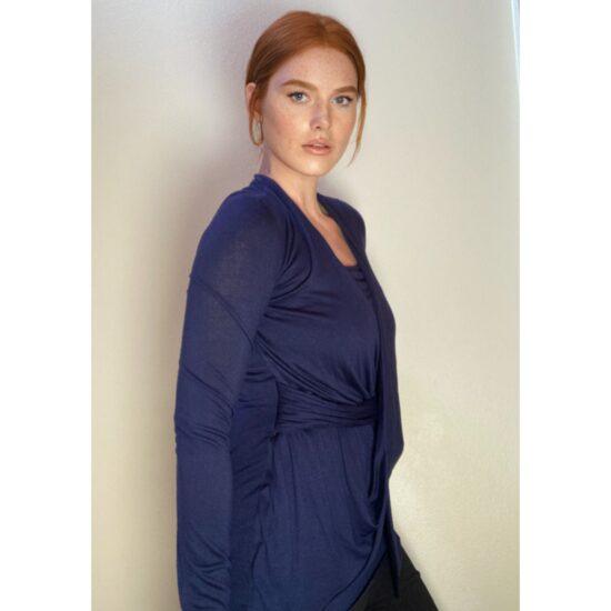 Bailey 44 Wrap Front Draped Long Sleeve Top Royal Navy Luxury Sz M