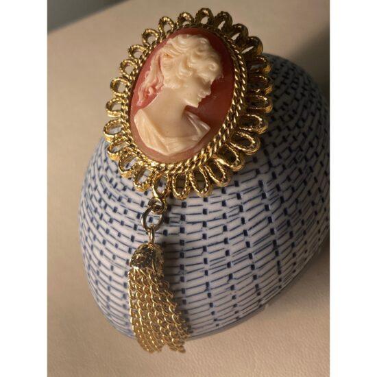 Cameo Brooch Victorian Revival Mid-century Pin Pendant Convertible Tassel Detail